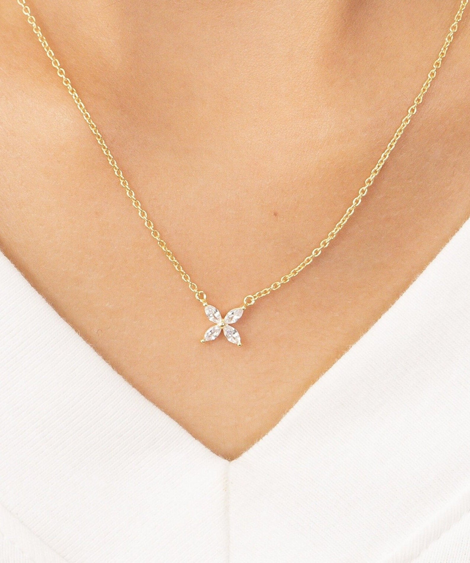 Marquise Cut Moissanite Flower Necklace, Sterling Silver Dainty Flower Pendant, Adjustable Layering Necklace, Minimalist Bridal Necklace